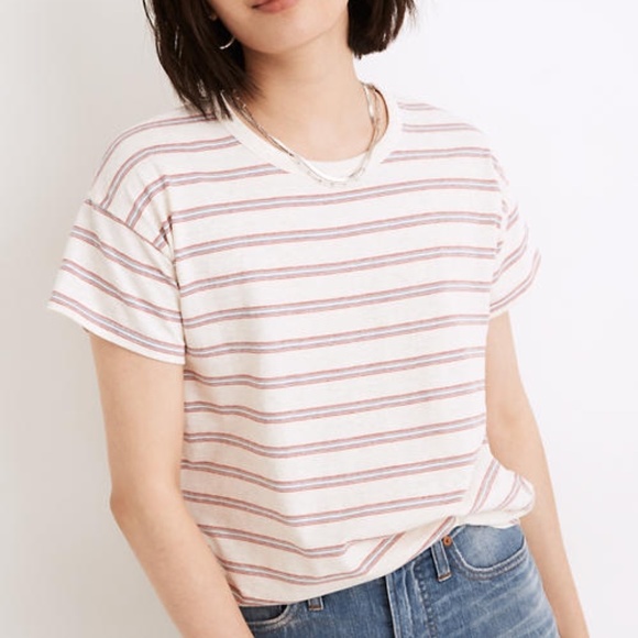Madewell | Rib Crewneck Tee Womens Size M Beige Jacquard Stripe Pullover - Picture 1 of 10